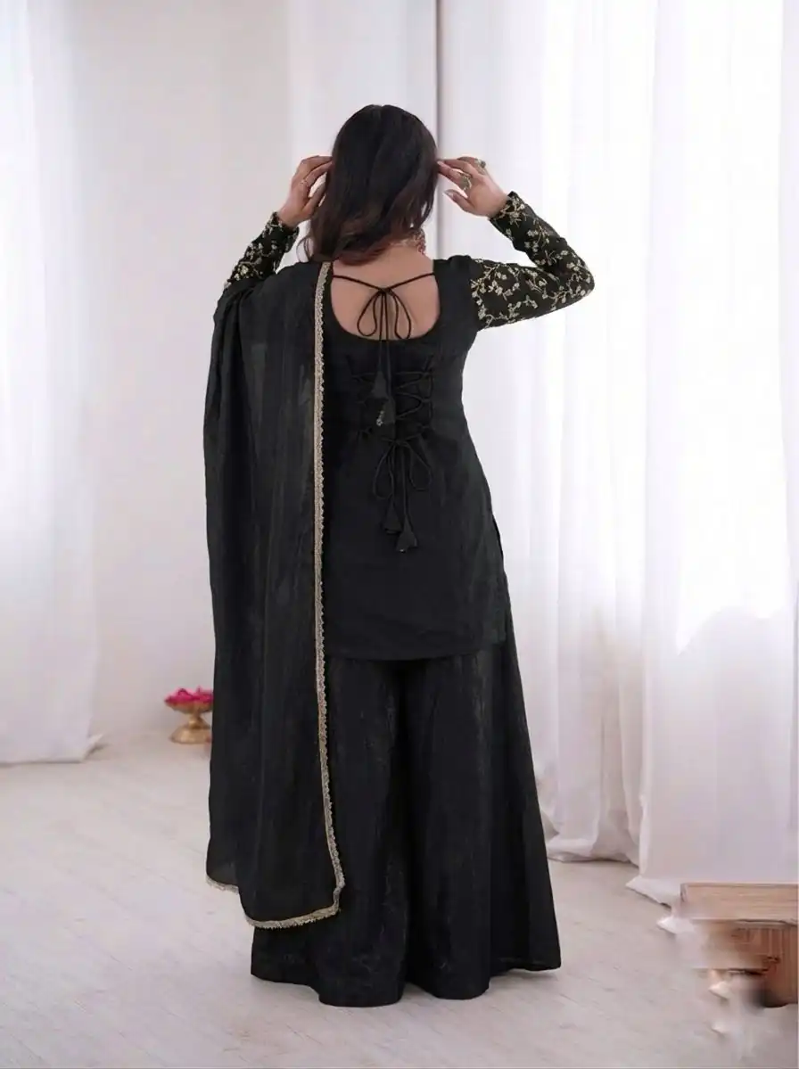 JF 043 Black Pure Fendy Silk Salwar Suitwith Embroidery Work & Sequins Work. Exclusive Offer ₹1940. Delivery 4-6 Working Days. Shop now. | Jump Suits, Salwar suit, Designer Suits, Casual Suits, Creative suits, Palazzo Suits, Party Wear Suits, Patiala Suits, Straight Suits
