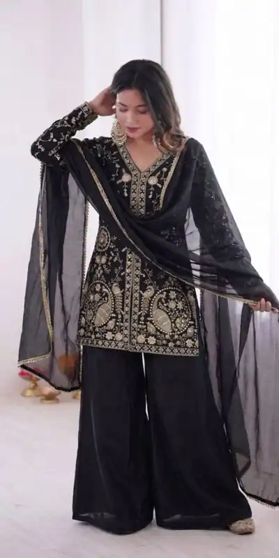 JF 043 Black Pure Fendy Silk Salwar Suitwith Embroidery Work & Sequins Work. Exclusive Offer ₹1940. Delivery 4-6 Working Days. Shop now. | Jump Suits, Salwar suit, Designer Suits, Casual Suits, Creative suits, Palazzo Suits, Party Wear Suits, Patiala Suits, Straight Suits