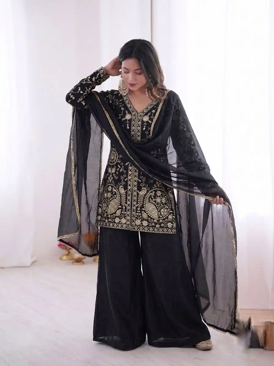 JF 043 Black Pure Fendy Silk Salwar Suitwith Embroidery Work & Sequins Work. Exclusive Offer ₹1940. Delivery 4-6 Working Days. Shop now. | Jump Suits, Salwar suit, Designer Suits, Casual Suits, Creative suits, Palazzo Suits, Party Wear Suits, Patiala Suits, Straight Suits