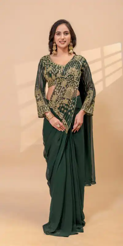 ST 1172 Green Faux Georgette Saree with Embroidery Work & Bead Work. Now at just ₹1849. Delivery 4-6 Working Days. Shop now. | Sarees, Bollywood Sarees, Creative Sarees, Designer Sarees, Embroidered Sarees, Ethnic Saree, Modern Digital sarees, Party Wear Sarees