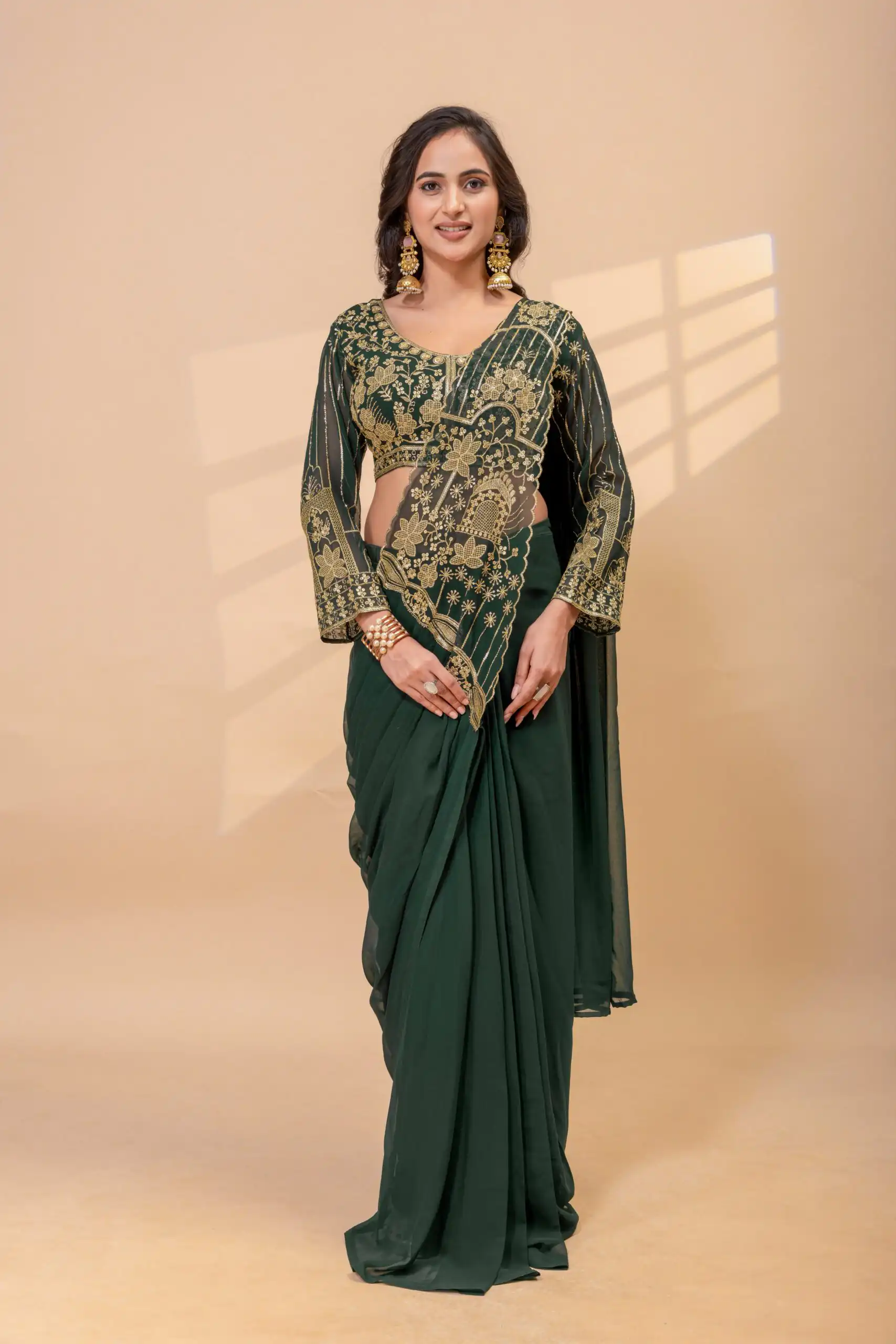 ST 1172 Green Faux Georgette Saree with Embroidery Work & Bead Work. Now at just ₹1849. Delivery 4-6 Working Days. Shop now. | Sarees, Bollywood Sarees, Creative Sarees, Designer Sarees, Embroidered Sarees, Ethnic Saree, Modern Digital sarees, Party Wear Sarees