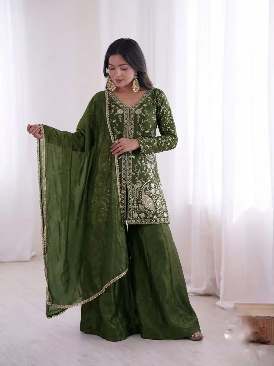 JF 043 Green Pure Fendy Silk Salwar Suitwith Embroidery Work & Sequins Work. Exclusive Offer ₹1940. Delivery 4-6 Working Days. Shop now. | Jump Suits, Salwar suit, Designer Suits, Casual Suits, Creative suits, Palazzo Suits, Party Wear Suits, Patiala Suits, Straight Suits