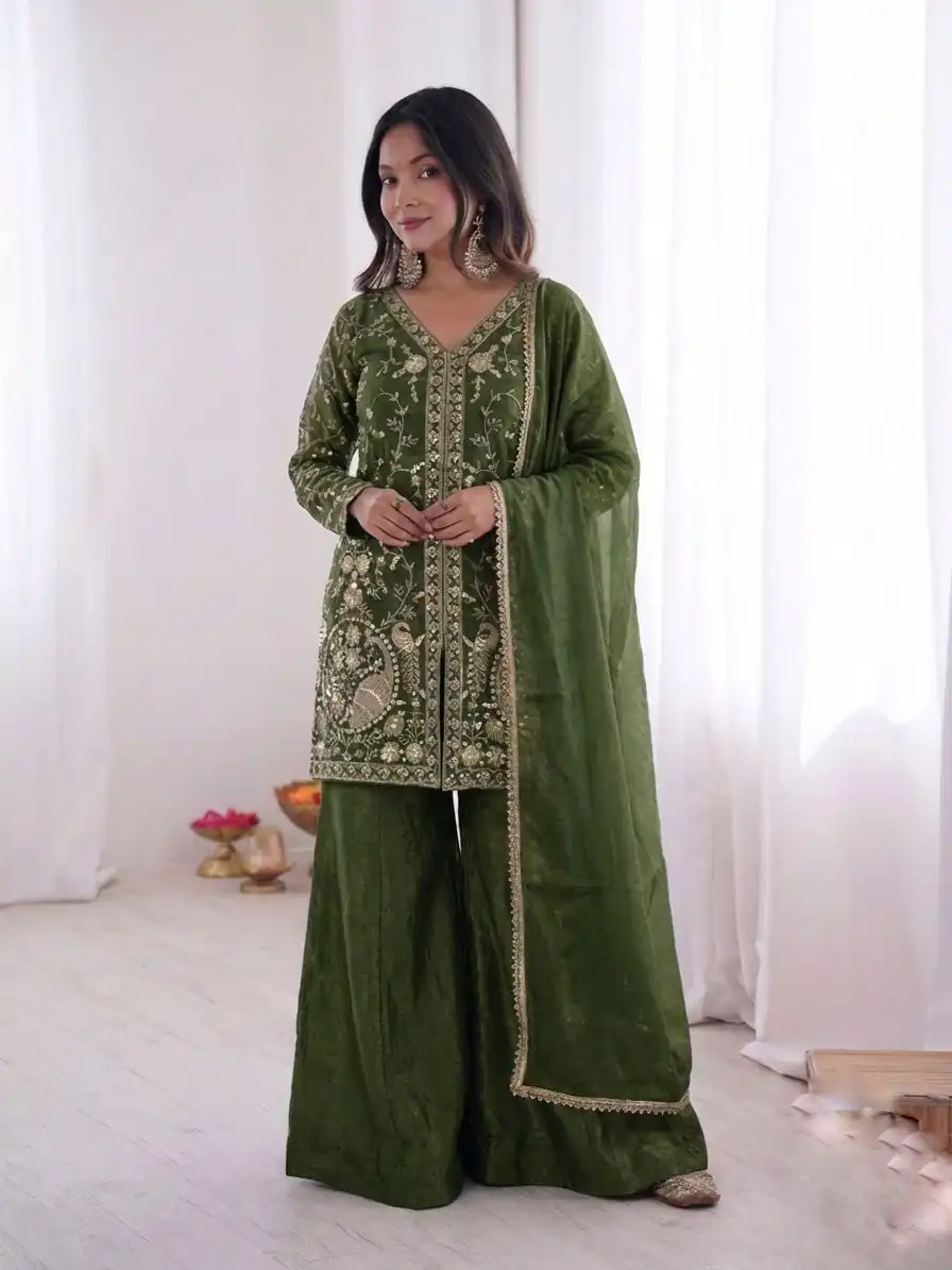 JF 043 Green Pure Fendy Silk Salwar Suitwith Embroidery Work & Sequins Work. Exclusive Offer ₹1940. Delivery 4-6 Working Days. Shop now. | Jump Suits, Salwar suit, Designer Suits, Casual Suits, Creative suits, Palazzo Suits, Party Wear Suits, Patiala Suits, Straight Suits