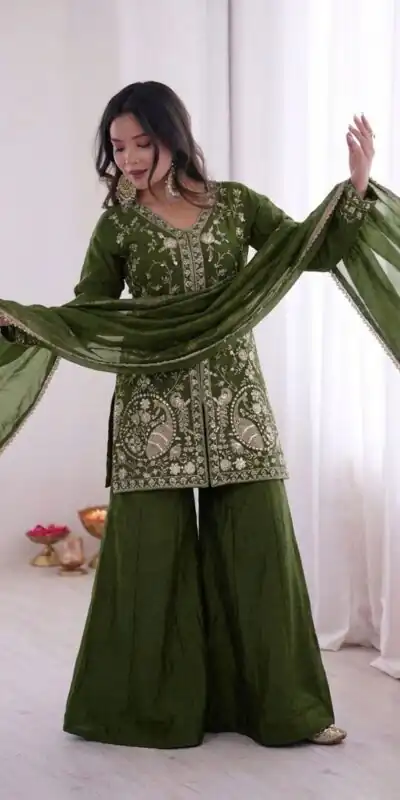 JF 043 Green Pure Fendy Silk Salwar Suitwith Embroidery Work & Sequins Work. Exclusive Offer ₹1940. Delivery 4-6 Working Days. Shop now. | Jump Suits, Salwar suit, Designer Suits, Casual Suits, Creative suits, Palazzo Suits, Party Wear Suits, Patiala Suits, Straight Suits