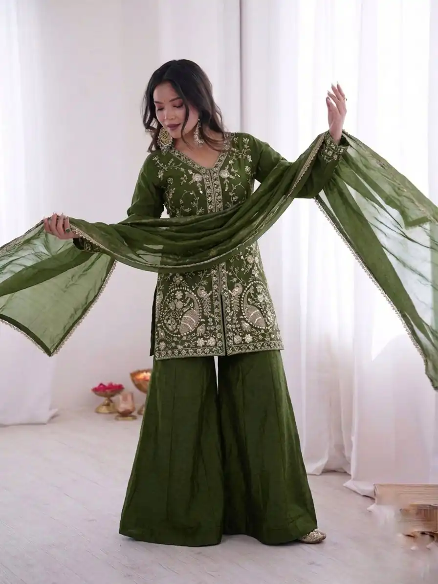 JF 043 Green Pure Fendy Silk Salwar Suitwith Embroidery Work & Sequins Work. Exclusive Offer ₹1940. Delivery 4-6 Working Days. Shop now. | Jump Suits, Salwar suit, Designer Suits, Casual Suits, Creative suits, Palazzo Suits, Party Wear Suits, Patiala Suits, Straight Suits