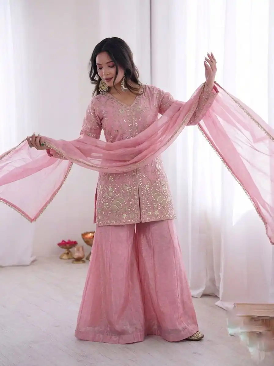 JF 043 Light Pink Pure Fendy Silk Salwar Suitwith Embroidery Work & Sequins Work. Exclusive Offer ₹1940. Delivery 4-6 Working Days. Shop now. | Jump Suits, Salwar suit, Designer Suits, Casual Suits, Creative suits, Palazzo Suits, Party Wear Suits, Patiala Suits, Straight Suits