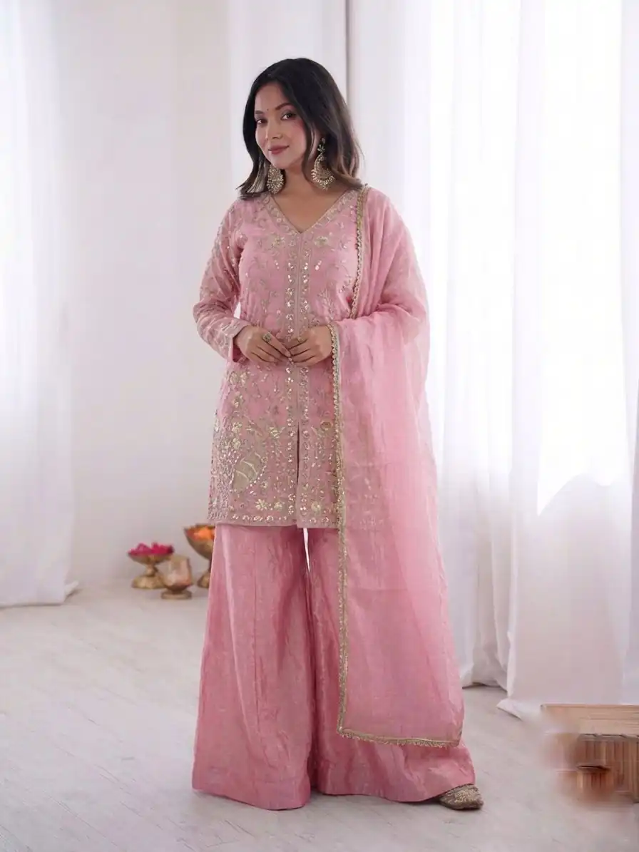 JF 043 Light Pink Pure Fendy Silk Salwar Suitwith Embroidery Work & Sequins Work. Exclusive Offer ₹1940. Delivery 4-6 Working Days. Shop now. | Jump Suits, Salwar suit, Designer Suits, Casual Suits, Creative suits, Palazzo Suits, Party Wear Suits, Patiala Suits, Straight Suits