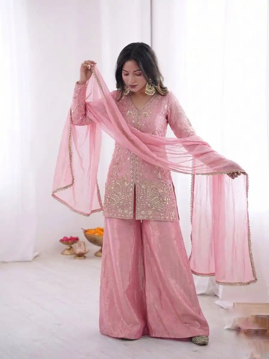 JF 043 Light Pink Pure Fendy Silk Salwar Suitwith Embroidery Work & Sequins Work. Exclusive Offer ₹1940. Delivery 4-6 Working Days. Shop now. | Jump Suits, Salwar suit, Designer Suits, Casual Suits, Creative suits, Palazzo Suits, Party Wear Suits, Patiala Suits, Straight Suits