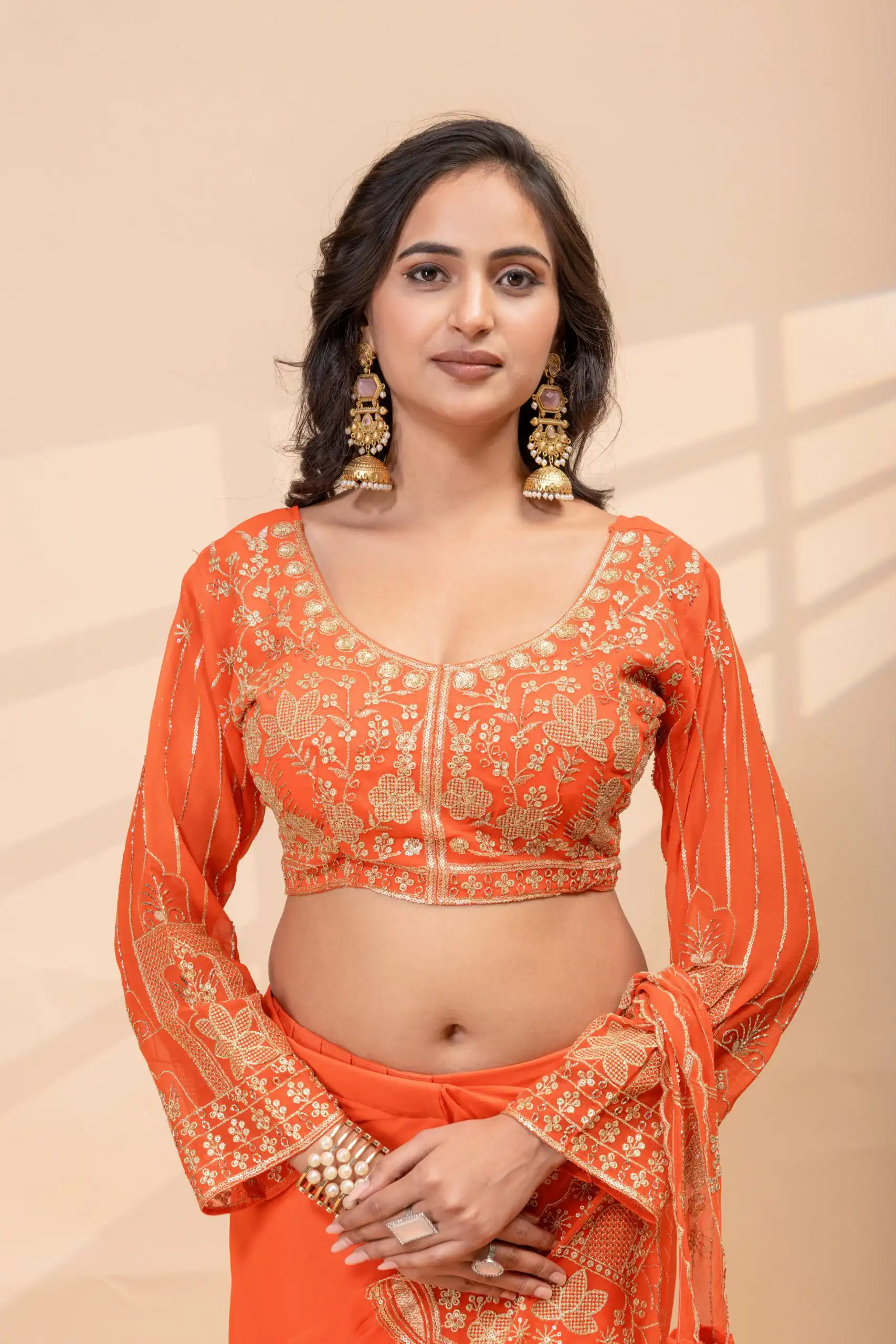 ST 1172 Orange Faux Georgette Saree with Embroidery Work & Bead Work. Now at just ₹1849. Delivery 4-6 Working Days. Shop now. | Sarees, Bollywood Sarees, Creative Sarees, Designer Sarees, Embroidered Sarees, Ethnic Saree, Modern Digital sarees, Party Wear Sarees