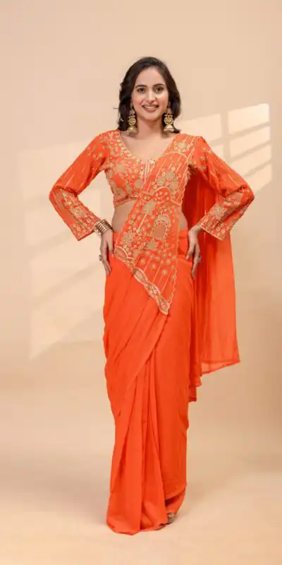 ST 1172 Orange Faux Georgette Saree with Embroidery Work & Bead Work. Now at just ₹1849. Delivery 4-6 Working Days. Shop now. | Sarees, Bollywood Sarees, Creative Sarees, Designer Sarees, Embroidered Sarees, Ethnic Saree, Modern Digital sarees, Party Wear Sarees