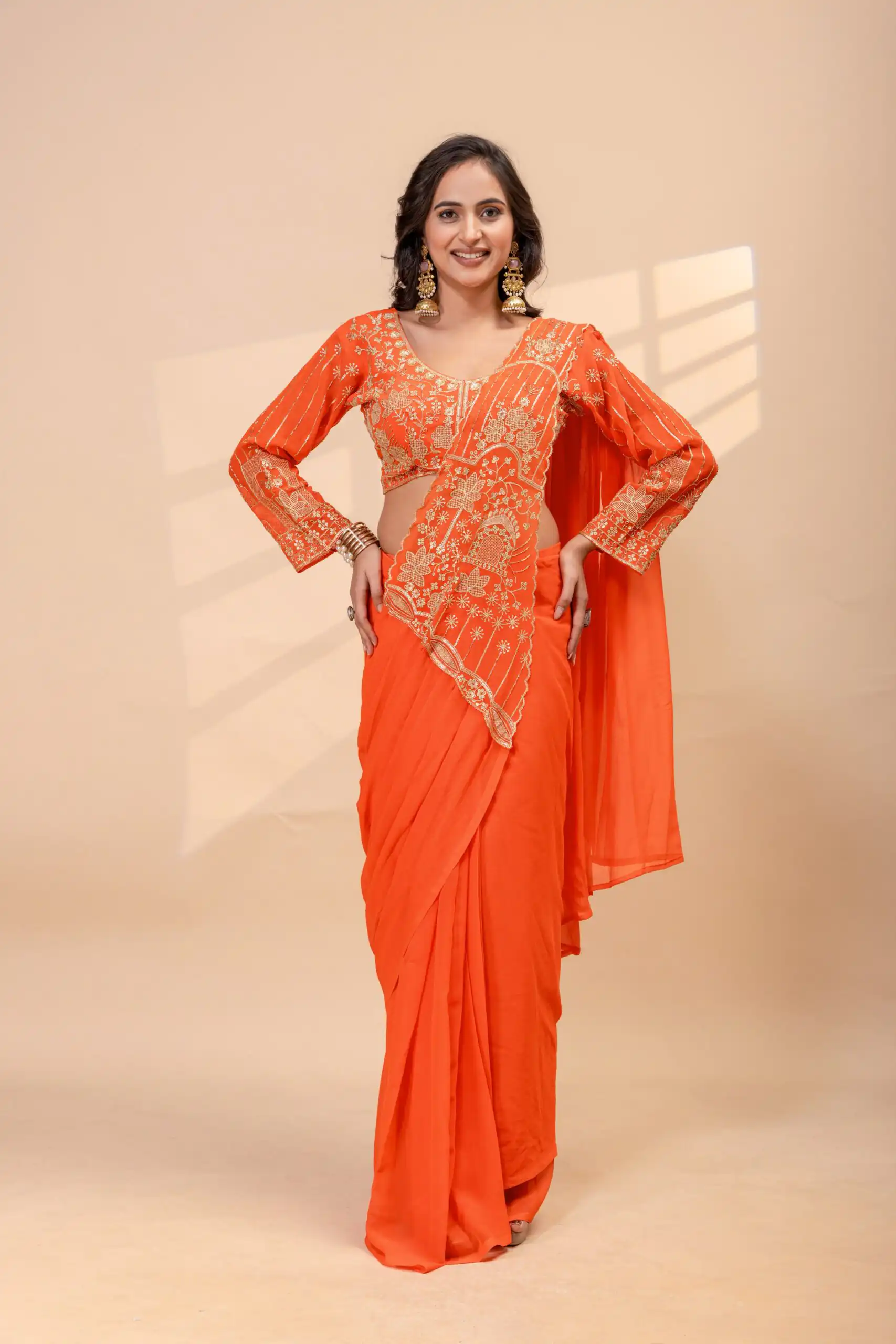 ST 1172 Orange Faux Georgette Saree with Embroidery Work & Bead Work. Now at just ₹1849. Delivery 4-6 Working Days. Shop now. | Sarees, Bollywood Sarees, Creative Sarees, Designer Sarees, Embroidered Sarees, Ethnic Saree, Modern Digital sarees, Party Wear Sarees