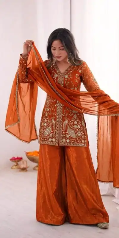 JF 043 Orange Pure Fendy Silk Salwar Suitwith Embroidery Work & Sequins Work. Exclusive Offer ₹1940. Delivery 4-6 Working Days. Shop now. | Jump Suits, Salwar suit, Designer Suits, Casual Suits, Creative suits, Palazzo Suits, Party Wear Suits, Patiala Suits, Straight Suits