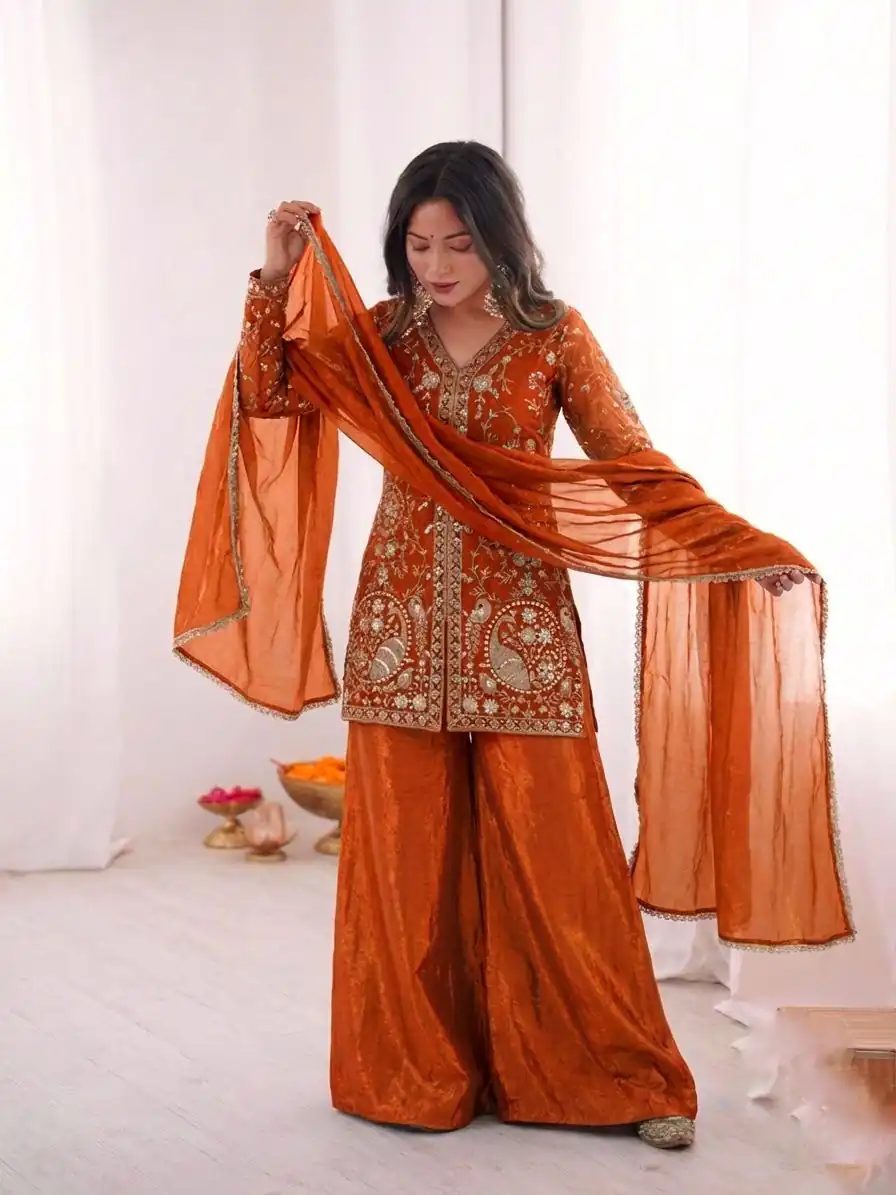 JF 043 Orange Pure Fendy Silk Salwar Suitwith Embroidery Work & Sequins Work. Exclusive Offer ₹1940. Delivery 4-6 Working Days. Shop now. | Jump Suits, Salwar suit, Designer Suits, Casual Suits, Creative suits, Palazzo Suits, Party Wear Suits, Patiala Suits, Straight Suits