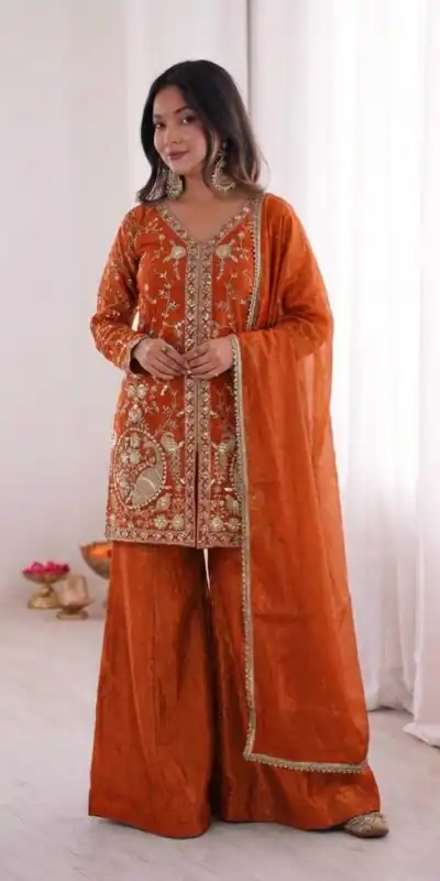 JF 043 Orange Pure Fendy Silk Salwar Suitwith Embroidery Work & Sequins Work. Exclusive Offer ₹1940. Delivery 4-6 Working Days. Shop now. | Jump Suits, Salwar suit, Designer Suits, Casual Suits, Creative suits, Palazzo Suits, Party Wear Suits, Patiala Suits, Straight Suits