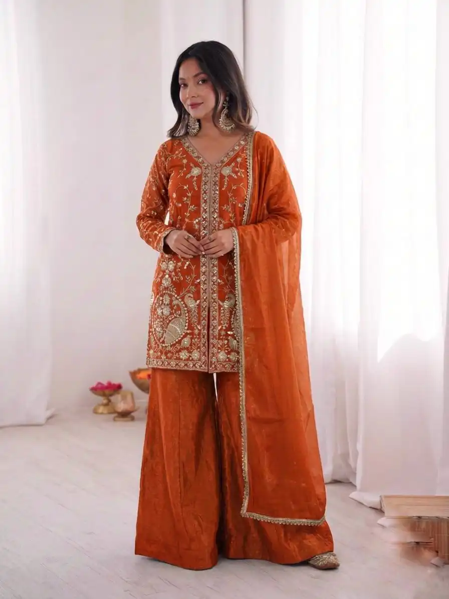 JF 043 Orange Pure Fendy Silk Salwar Suitwith Embroidery Work & Sequins Work. Exclusive Offer ₹1940. Delivery 4-6 Working Days. Shop now. | Jump Suits, Salwar suit, Designer Suits, Casual Suits, Creative suits, Palazzo Suits, Party Wear Suits, Patiala Suits, Straight Suits