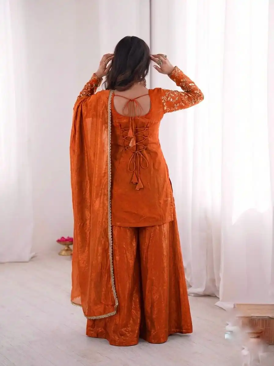 JF 043 Orange Pure Fendy Silk Salwar Suitwith Embroidery Work & Sequins Work. Exclusive Offer ₹1940. Delivery 4-6 Working Days. Shop now. | Jump Suits, Salwar suit, Designer Suits, Casual Suits, Creative suits, Palazzo Suits, Party Wear Suits, Patiala Suits, Straight Suits