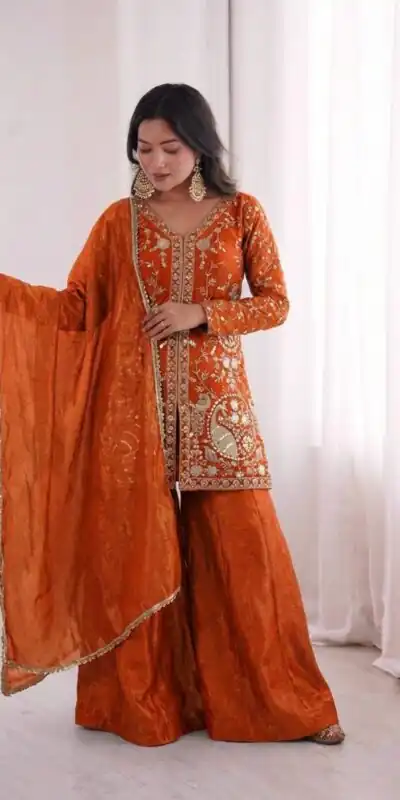 JF 043 Orange Pure Fendy Silk Salwar Suitwith Embroidery Work & Sequins Work. Exclusive Offer ₹1940. Delivery 4-6 Working Days. Shop now. | Jump Suits, Salwar suit, Designer Suits, Casual Suits, Creative suits, Palazzo Suits, Party Wear Suits, Patiala Suits, Straight Suits