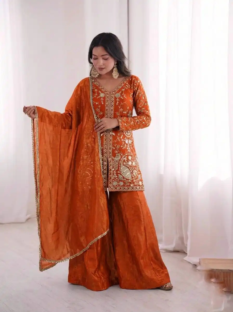 JF 043 Orange Pure Fendy Silk Salwar Suitwith Embroidery Work & Sequins Work. Exclusive Offer ₹1940. Delivery 4-6 Working Days. Shop now. | Jump Suits, Salwar suit, Designer Suits, Casual Suits, Creative suits, Palazzo Suits, Party Wear Suits, Patiala Suits, Straight Suits