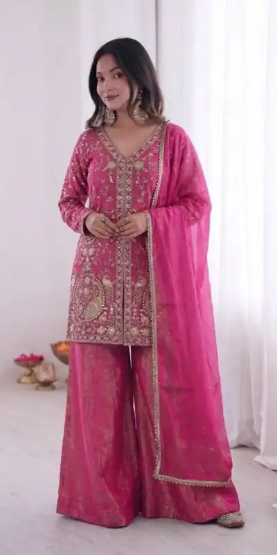 JF 043 Rani Pink Pure Fendy Silk Salwar Suitwith Embroidery Work & Sequins Work. Exclusive Offer ₹1940. Delivery 4-6 Working Days. Shop now. | Jump Suits, Salwar suit, Designer Suits, Casual Suits, Creative suits, Palazzo Suits, Party Wear Suits, Patiala Suits, Straight Suits