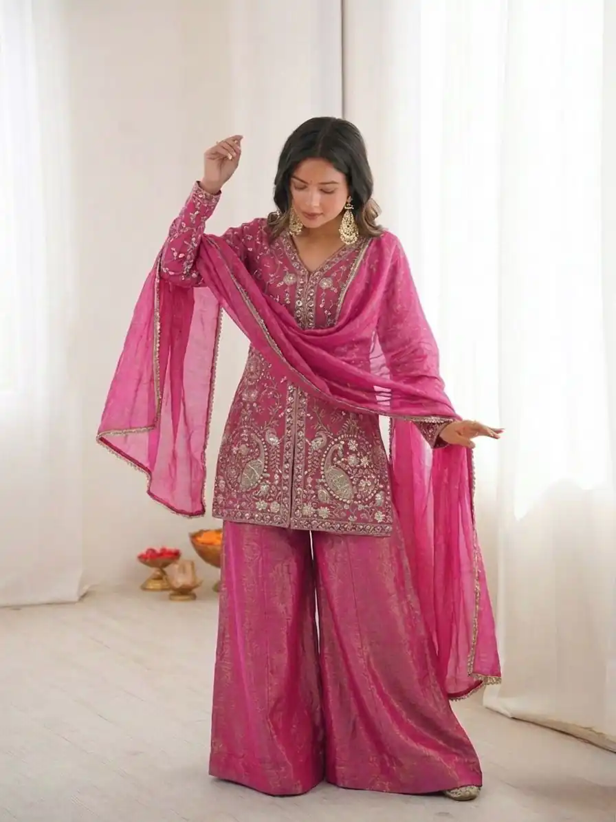 JF 043 Rani Pink Pure Fendy Silk Salwar Suitwith Embroidery Work & Sequins Work. Exclusive Offer ₹1940. Delivery 4-6 Working Days. Shop now. | Jump Suits, Salwar suit, Designer Suits, Casual Suits, Creative suits, Palazzo Suits, Party Wear Suits, Patiala Suits, Straight Suits