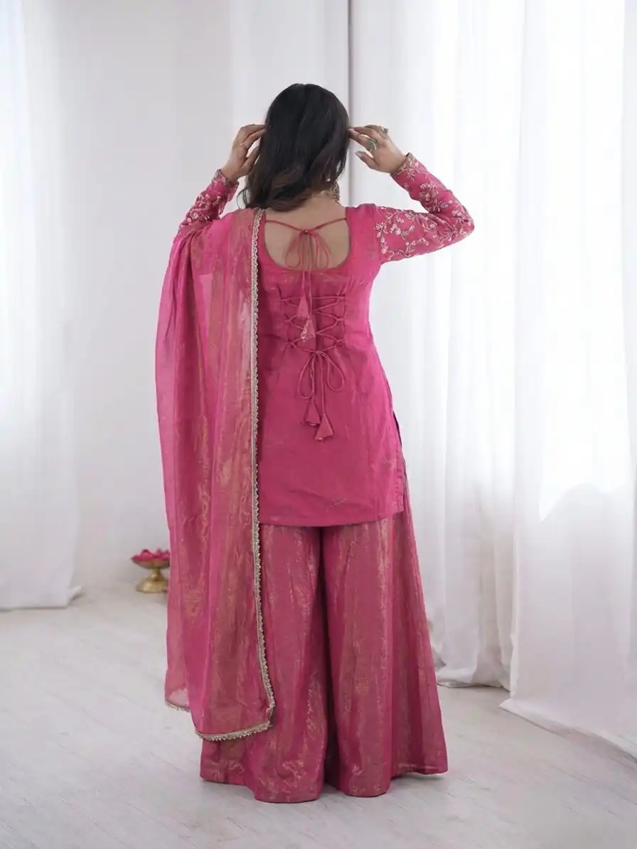 JF 043 Rani Pink Pure Fendy Silk Salwar Suitwith Embroidery Work & Sequins Work. Exclusive Offer ₹1940. Delivery 4-6 Working Days. Shop now. | Jump Suits, Salwar suit, Designer Suits, Casual Suits, Creative suits, Palazzo Suits, Party Wear Suits, Patiala Suits, Straight Suits