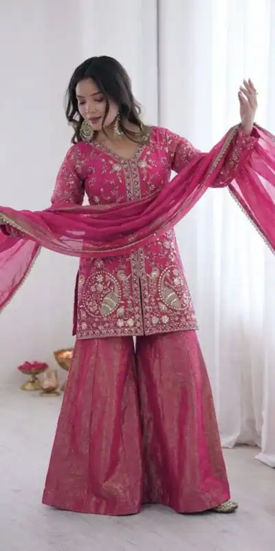 JF 043 Rani Pink Pure Fendy Silk Salwar Suitwith Embroidery Work & Sequins Work. Exclusive Offer ₹1940. Delivery 4-6 Working Days. Shop now. | Jump Suits, Salwar suit, Designer Suits, Casual Suits, Creative suits, Palazzo Suits, Party Wear Suits, Patiala Suits, Straight Suits