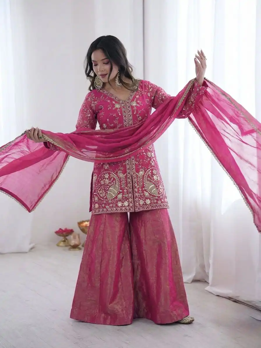 JF 043 Rani Pink Pure Fendy Silk Salwar Suitwith Embroidery Work & Sequins Work. Exclusive Offer ₹1940. Delivery 4-6 Working Days. Shop now. | Jump Suits, Salwar suit, Designer Suits, Casual Suits, Creative suits, Palazzo Suits, Party Wear Suits, Patiala Suits, Straight Suits