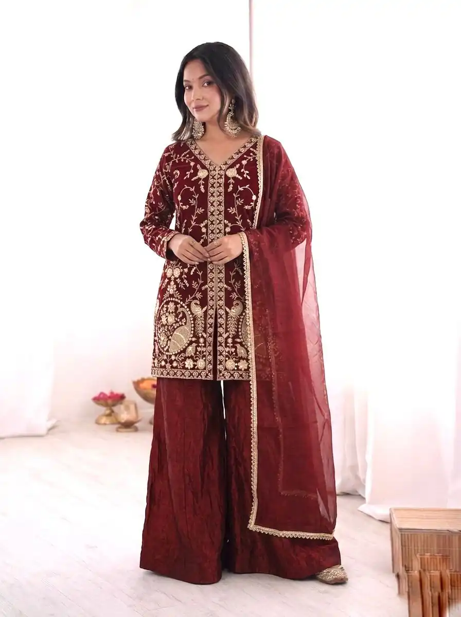 JF 043 Rust Pure Fendy Silk Salwar Suitwith Embroidery Work & Sequins Work. Exclusive Offer ₹1940. Delivery 4-6 Working Days. Shop now. | Jump Suits, Salwar suit, Designer Suits, Casual Suits, Creative suits, Palazzo Suits, Party Wear Suits, Patiala Suits, Straight Suits