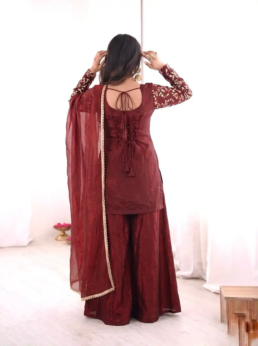 JF 043 Rust Pure Fendy Silk Salwar Suitwith Embroidery Work & Sequins Work. Exclusive Offer ₹1940. Delivery 4-6 Working Days. Shop now. | Jump Suits, Salwar suit, Designer Suits, Casual Suits, Creative suits, Palazzo Suits, Party Wear Suits, Patiala Suits, Straight Suits