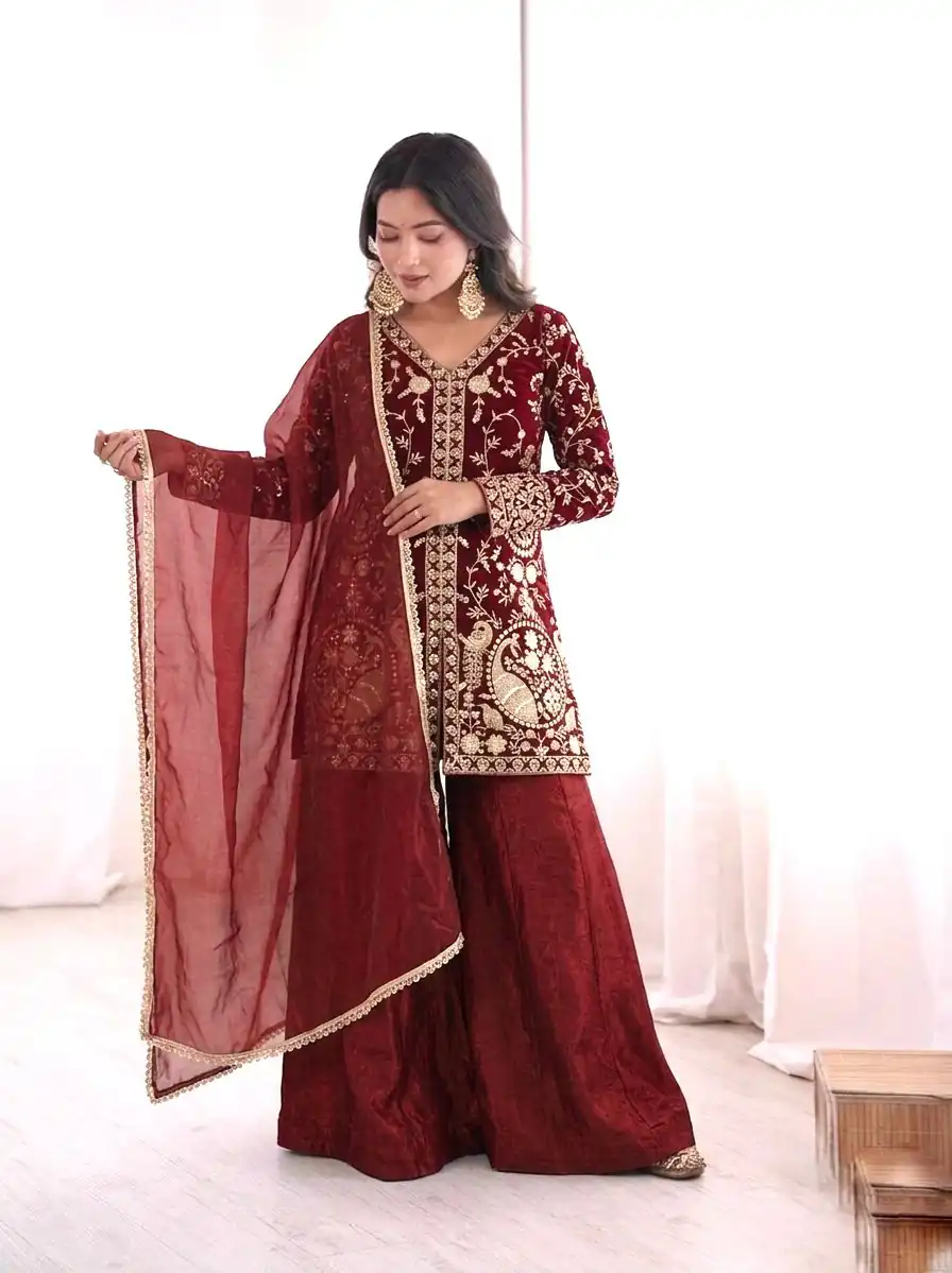 JF 043 Rust Pure Fendy Silk Salwar Suitwith Embroidery Work & Sequins Work. Exclusive Offer ₹1940. Delivery 4-6 Working Days. Shop now. | Jump Suits, Salwar suit, Designer Suits, Casual Suits, Creative suits, Palazzo Suits, Party Wear Suits, Patiala Suits, Straight Suits