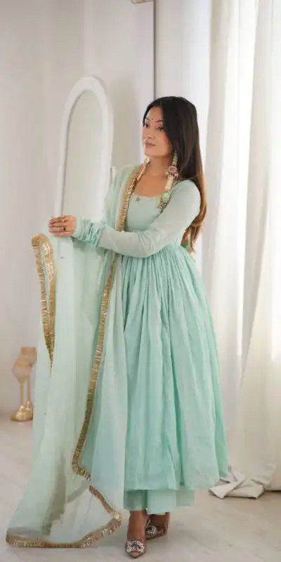 ZF 5020 Sea Green Sea Green Heavy Faux Gown with Lace Border & Lace Work. Festive Deal ₹2099. Delivery 4-6 Working Days. Shop now. | Gowns, Bollywood Gowns, Creative Gowns, Designer Gowns, Embroidered Gowns, Party Wear Gowns