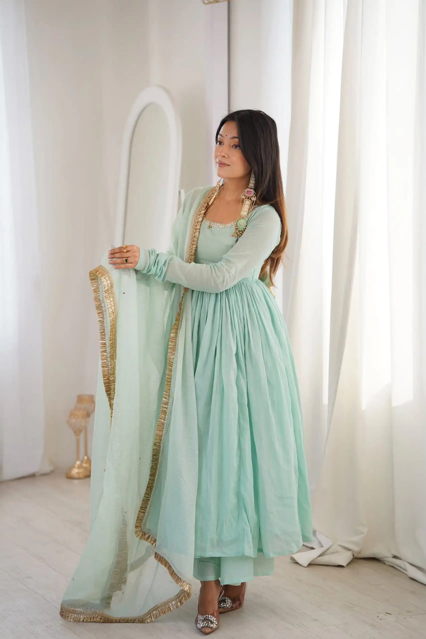 ZF 5020 Sea Green Sea Green Heavy Faux ⁠ Gown with Lace Border & Lace Work. Festive Deal ₹2099. Delivery 4-6 Working Days. Shop now. | Gowns, Bollywood Gowns, Creative Gowns, Designer Gowns, Embroidered Gowns, Party Wear Gowns