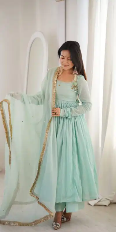 ZF 5020 Sea Green Sea Green Heavy Faux Gown with Lace Border & Lace Work. Festive Deal ₹2099. Delivery 4-6 Working Days. Shop now. | Gowns, Bollywood Gowns, Creative Gowns, Designer Gowns, Embroidered Gowns, Party Wear Gowns
