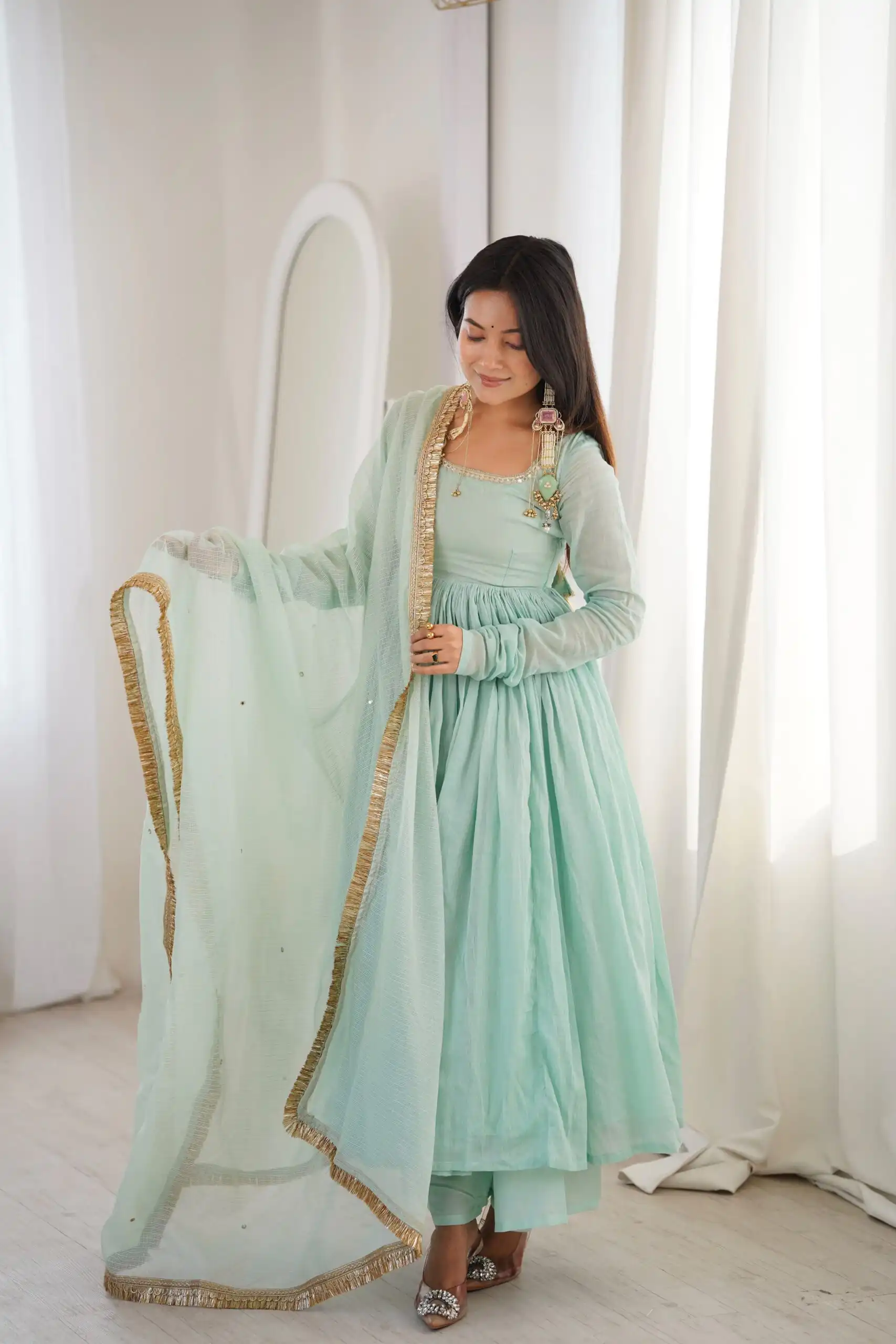 ZF 5020 Sea Green Sea Green Heavy Faux ⁠ Gown with Lace Border & Lace Work. Festive Deal ₹2099. Delivery 4-6 Working Days. Shop now. | Gowns, Bollywood Gowns, Creative Gowns, Designer Gowns, Embroidered Gowns, Party Wear Gowns
