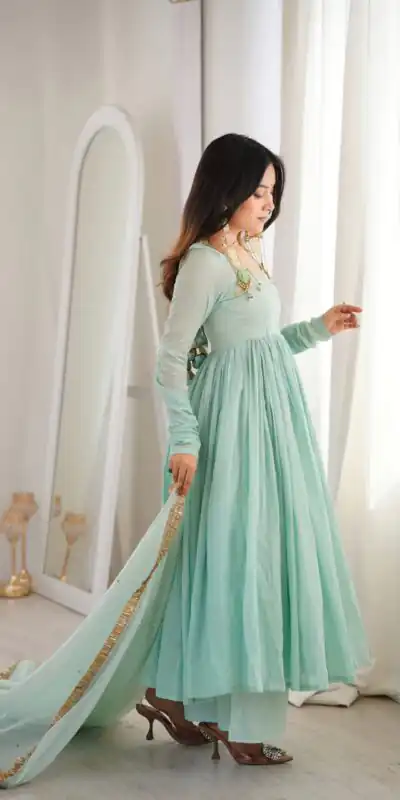 ZF 5020 Sea Green Sea Green Heavy Faux Gown with Lace Border & Lace Work. Festive Deal ₹2099. Delivery 4-6 Working Days. Shop now. | Gowns, Bollywood Gowns, Creative Gowns, Designer Gowns, Embroidered Gowns, Party Wear Gowns