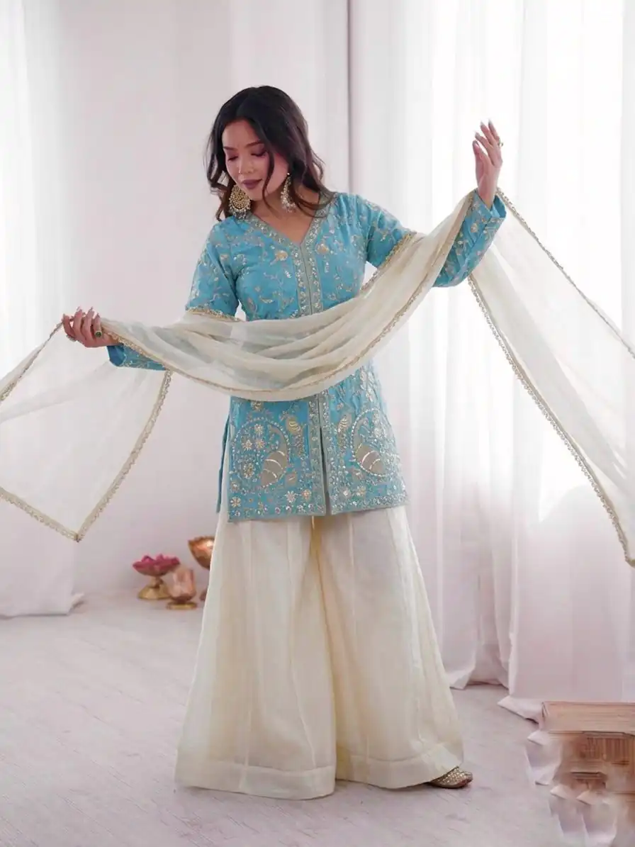 JF 043 Sky Blue Pure Fendy Silk Salwar Suitwith Embroidery Work & Sequins Work. Exclusive Offer ₹1940. Delivery 4-6 Working Days. Shop now. | Jump Suits, Salwar suit, Designer Suits, Casual Suits, Creative suits, Palazzo Suits, Party Wear Suits, Patiala Suits, Straight Suits