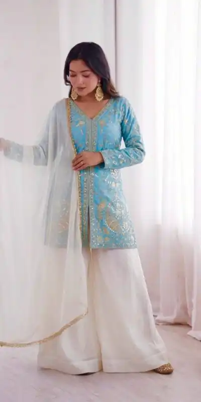 JF 043 Sky Blue Pure Fendy Silk Salwar Suitwith Embroidery Work & Sequins Work. Exclusive Offer ₹1940. Delivery 4-6 Working Days. Shop now. | Jump Suits, Salwar suit, Designer Suits, Casual Suits, Creative suits, Palazzo Suits, Party Wear Suits, Patiala Suits, Straight Suits