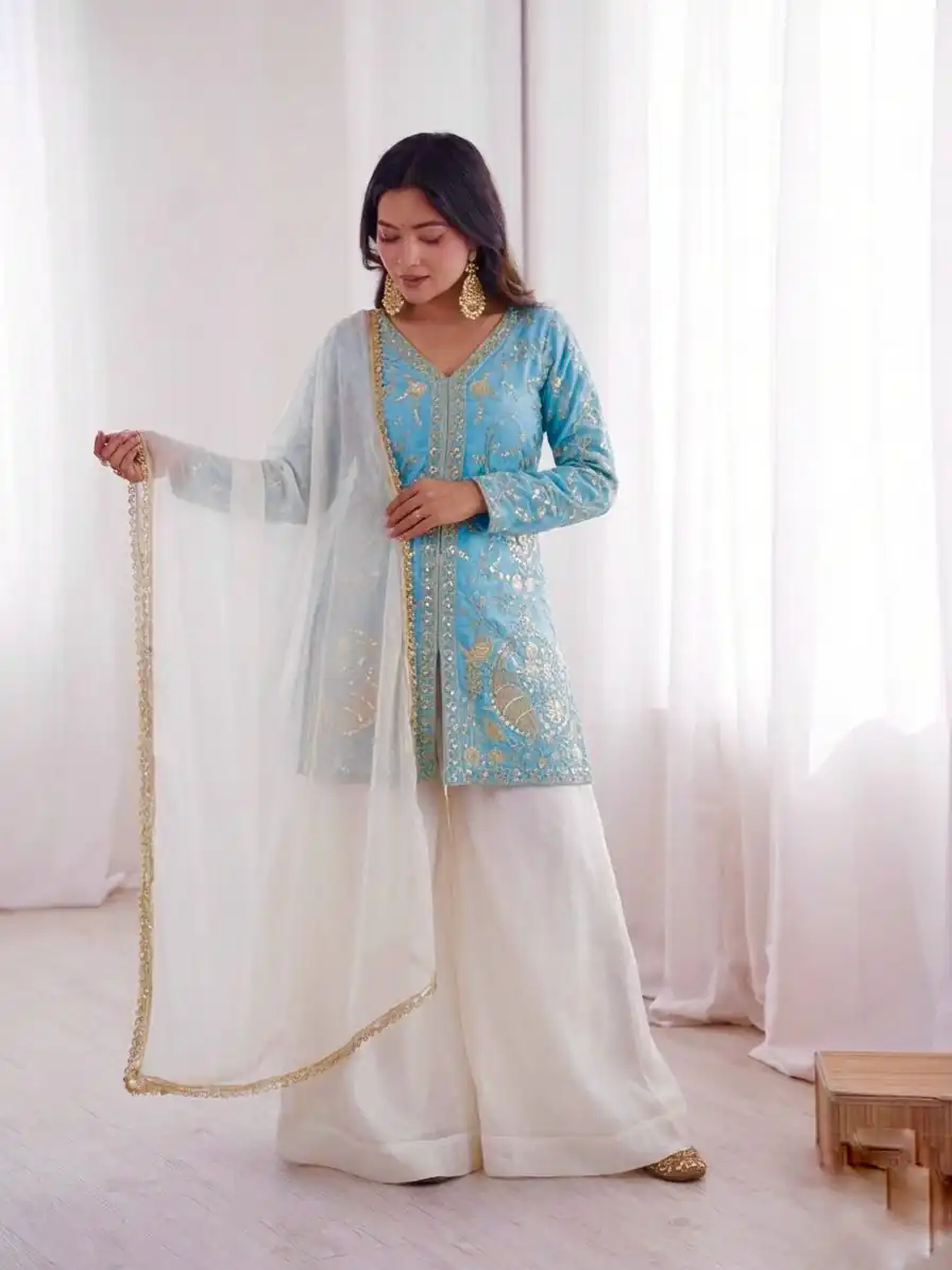 JF 043 Sky Blue Pure Fendy Silk Salwar Suitwith Embroidery Work & Sequins Work. Exclusive Offer ₹1940. Delivery 4-6 Working Days. Shop now. | Jump Suits, Salwar suit, Designer Suits, Casual Suits, Creative suits, Palazzo Suits, Party Wear Suits, Patiala Suits, Straight Suits