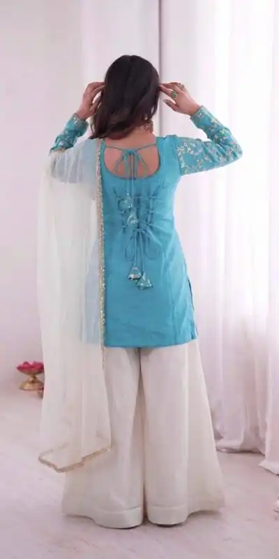 JF 043 Sky Blue Pure Fendy Silk Salwar Suitwith Embroidery Work & Sequins Work. Exclusive Offer ₹1940. Delivery 4-6 Working Days. Shop now. | Jump Suits, Salwar suit, Designer Suits, Casual Suits, Creative suits, Palazzo Suits, Party Wear Suits, Patiala Suits, Straight Suits