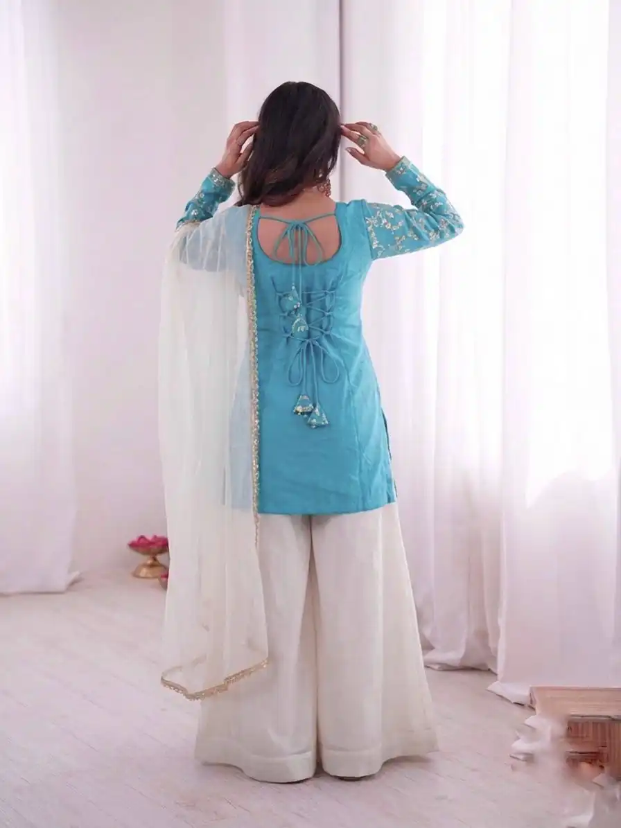 JF 043 Sky Blue Pure Fendy Silk Salwar Suitwith Embroidery Work & Sequins Work. Exclusive Offer ₹1940. Delivery 4-6 Working Days. Shop now. | Jump Suits, Salwar suit, Designer Suits, Casual Suits, Creative suits, Palazzo Suits, Party Wear Suits, Patiala Suits, Straight Suits