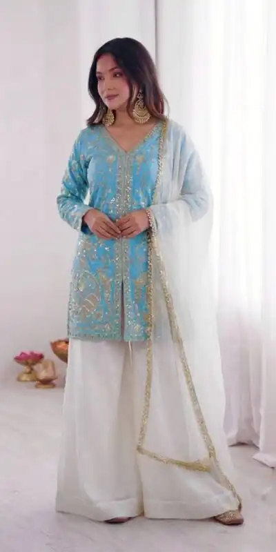 JF 043 Sky Blue Pure Fendy Silk Salwar Suitwith Embroidery Work & Sequins Work. Exclusive Offer ₹1940. Delivery 4-6 Working Days. Shop now. | Jump Suits, Salwar suit, Designer Suits, Casual Suits, Creative suits, Palazzo Suits, Party Wear Suits, Patiala Suits, Straight Suits