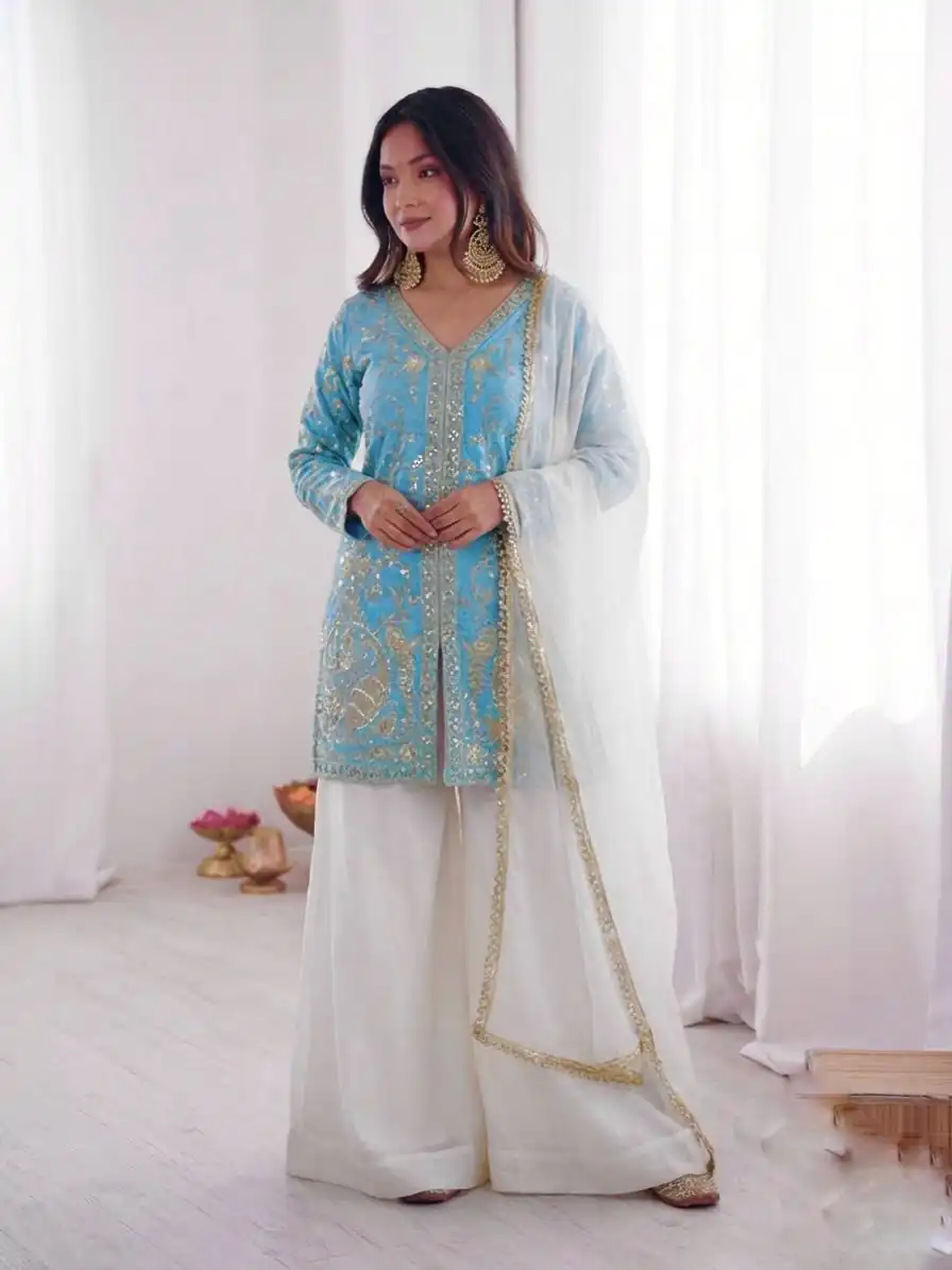 JF 043 Sky Blue Pure Fendy Silk Salwar Suitwith Embroidery Work & Sequins Work. Exclusive Offer ₹1940. Delivery 4-6 Working Days. Shop now. | Jump Suits, Salwar suit, Designer Suits, Casual Suits, Creative suits, Palazzo Suits, Party Wear Suits, Patiala Suits, Straight Suits