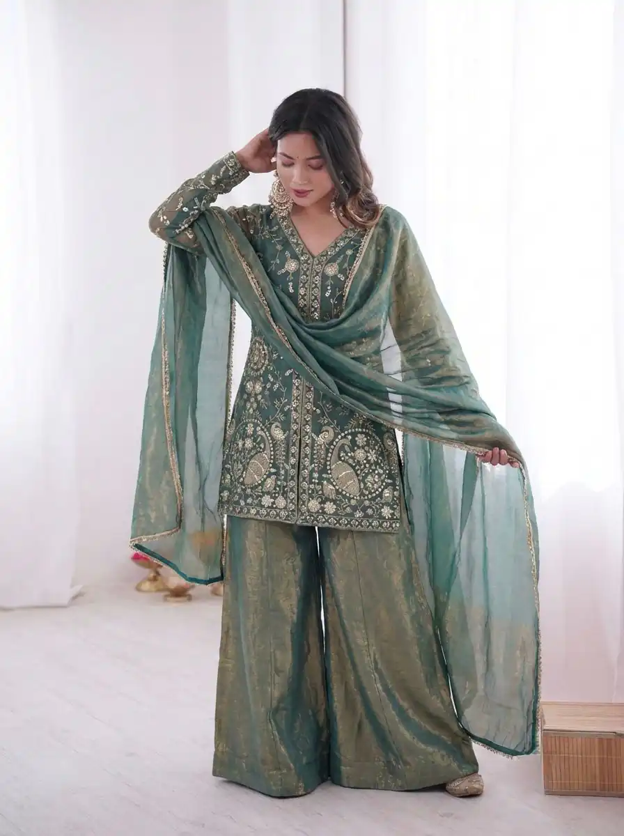 JF 043 Teal Pure Fendy Silk Salwar Suitwith Embroidery Work & Sequins Work. Exclusive Offer ₹1940. Delivery 4-6 Working Days. Shop now. | Jump Suits, Salwar suit, Designer Suits, Casual Suits, Creative suits, Palazzo Suits, Party Wear Suits, Patiala Suits, Straight Suits