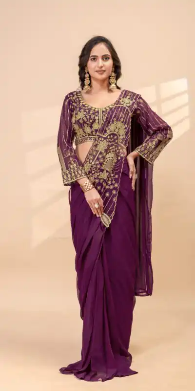 ST 1172 Wine Faux Georgette Saree with Embroidery Work & Bead Work. Now at just ₹1849. Delivery 4-6 Working Days. Shop now. | Sarees, Bollywood Sarees, Creative Sarees, Designer Sarees, Embroidered Sarees, Ethnic Saree, Modern Digital sarees, Party Wear Sarees
