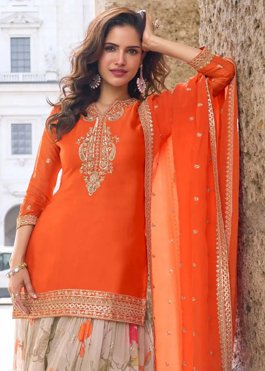 ZC KIARA Orange Chinon Silk Salwar Suit with Embroidery Work & Sequins Work. Grab it for ₹2399. Delivery 4-6 Working Days. Shop now. | Jump Suits, Salwar suit, Designer Suits, Casual Suits, Creative suits, Palazzo Suits, Party Wear Suits, Patiala Suits, Straight Suits