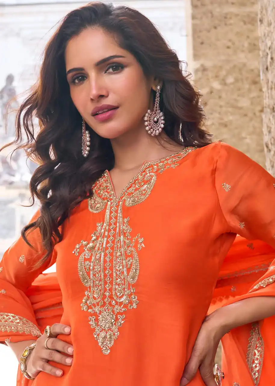 ZC KIARA Orange Chinon Silk Salwar Suit with Embroidery Work & Sequins Work. Grab it for ₹2399. Delivery 4-6 Working Days. Shop now. | Jump Suits, Salwar suit, Designer Suits, Casual Suits, Creative suits, Palazzo Suits, Party Wear Suits, Patiala Suits, Straight Suits