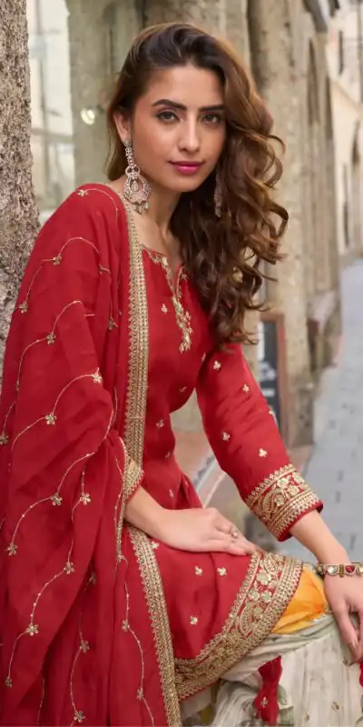 ZC KIARA Red Chinon Silk Salwar Suit with Embroidery Work & Sequins Work. Grab it for ₹2399. Delivery 4-6 Working Days. Shop now. | Jump Suits, Salwar suit, Designer Suits, Casual Suits, Creative suits, Palazzo Suits, Party Wear Suits, Patiala Suits, Straight Suits