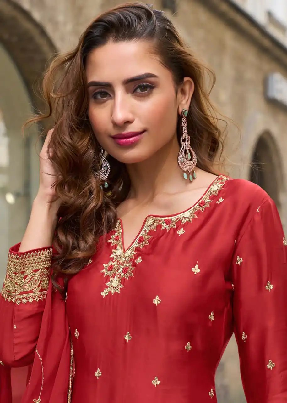 ZC KIARA Red Chinon Silk Salwar Suit with Embroidery Work & Sequins Work. Grab it for ₹2399. Delivery 4-6 Working Days. Shop now. | Jump Suits, Salwar suit, Designer Suits, Casual Suits, Creative suits, Palazzo Suits, Party Wear Suits, Patiala Suits, Straight Suits