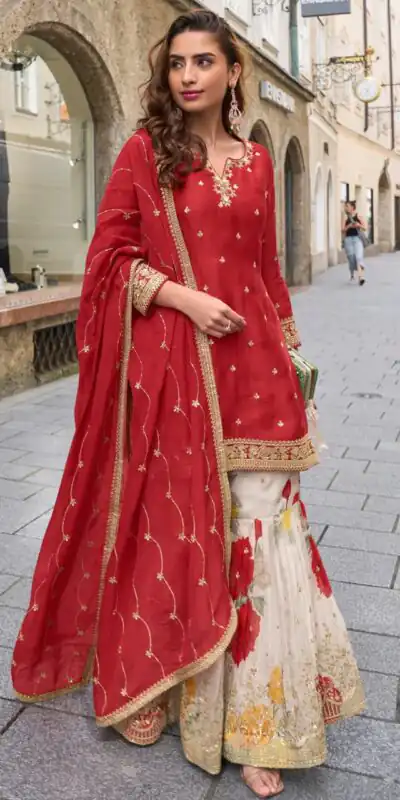 ZC KIARA Red Chinon Silk Salwar Suit with Embroidery Work & Sequins Work. Grab it for ₹2399. Delivery 4-6 Working Days. Shop now. | Jump Suits, Salwar suit, Designer Suits, Casual Suits, Creative suits, Palazzo Suits, Party Wear Suits, Patiala Suits, Straight Suits