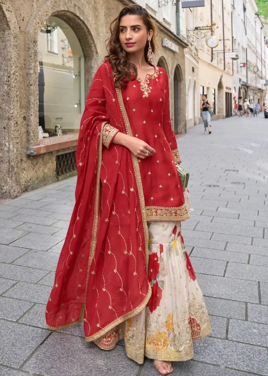 ZC KIARA Red Chinon Silk Salwar Suit with Embroidery Work & Sequins Work. Grab it for ₹2399. Delivery 4-6 Working Days. Shop now. | Jump Suits, Salwar suit, Designer Suits, Casual Suits, Creative suits, Palazzo Suits, Party Wear Suits, Patiala Suits, Straight Suits